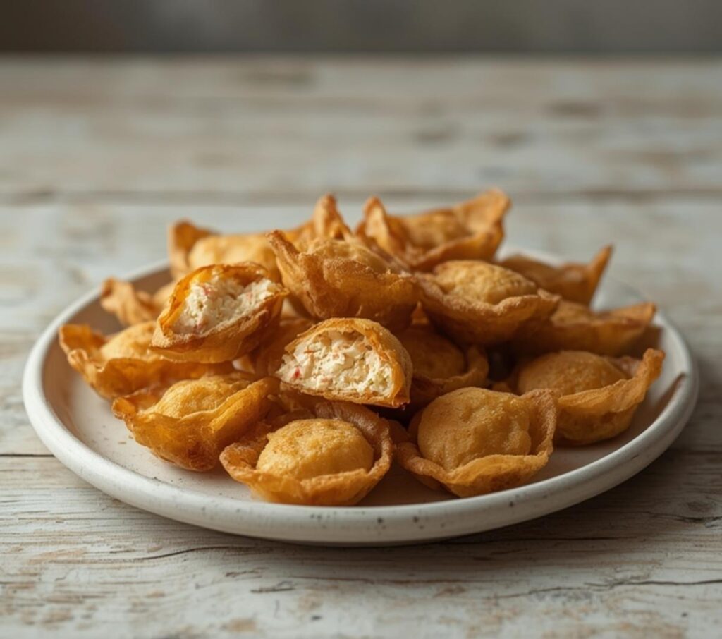 Golden fried crab rangoon bombs arranged on a serving platter, perfect for summer parties and appetizers.