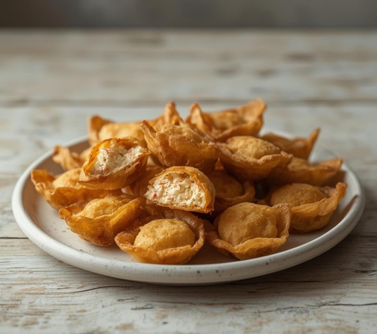 Golden fried crab rangoon bombs arranged on a serving platter, perfect for summer parties and appetizers.