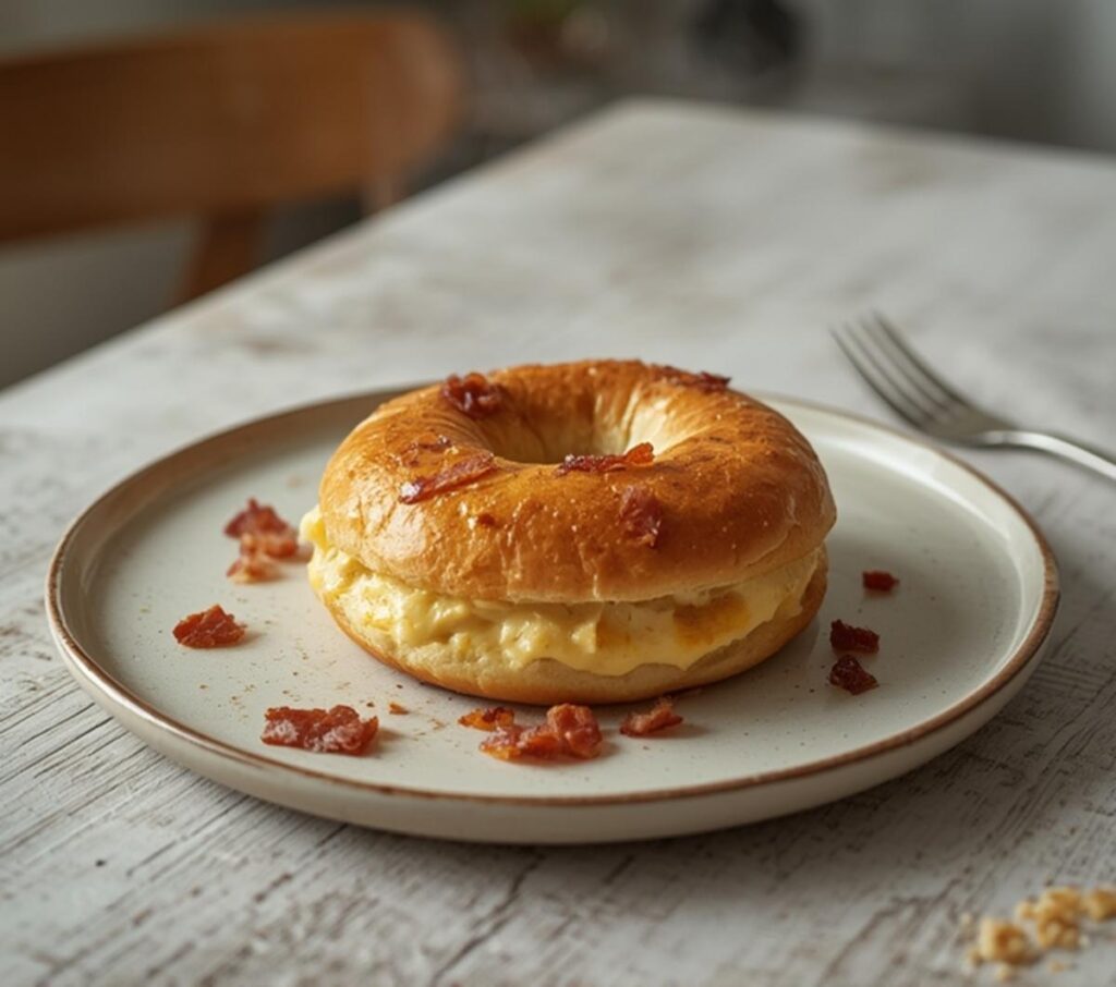 A plate of creamy bacon cheddar bagels with melted cheese and crispy bacon, perfect for a hearty breakfast.