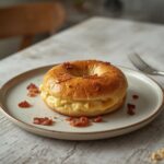 A plate of creamy bacon cheddar bagels with melted cheese and crispy bacon, perfect for a hearty breakfast.