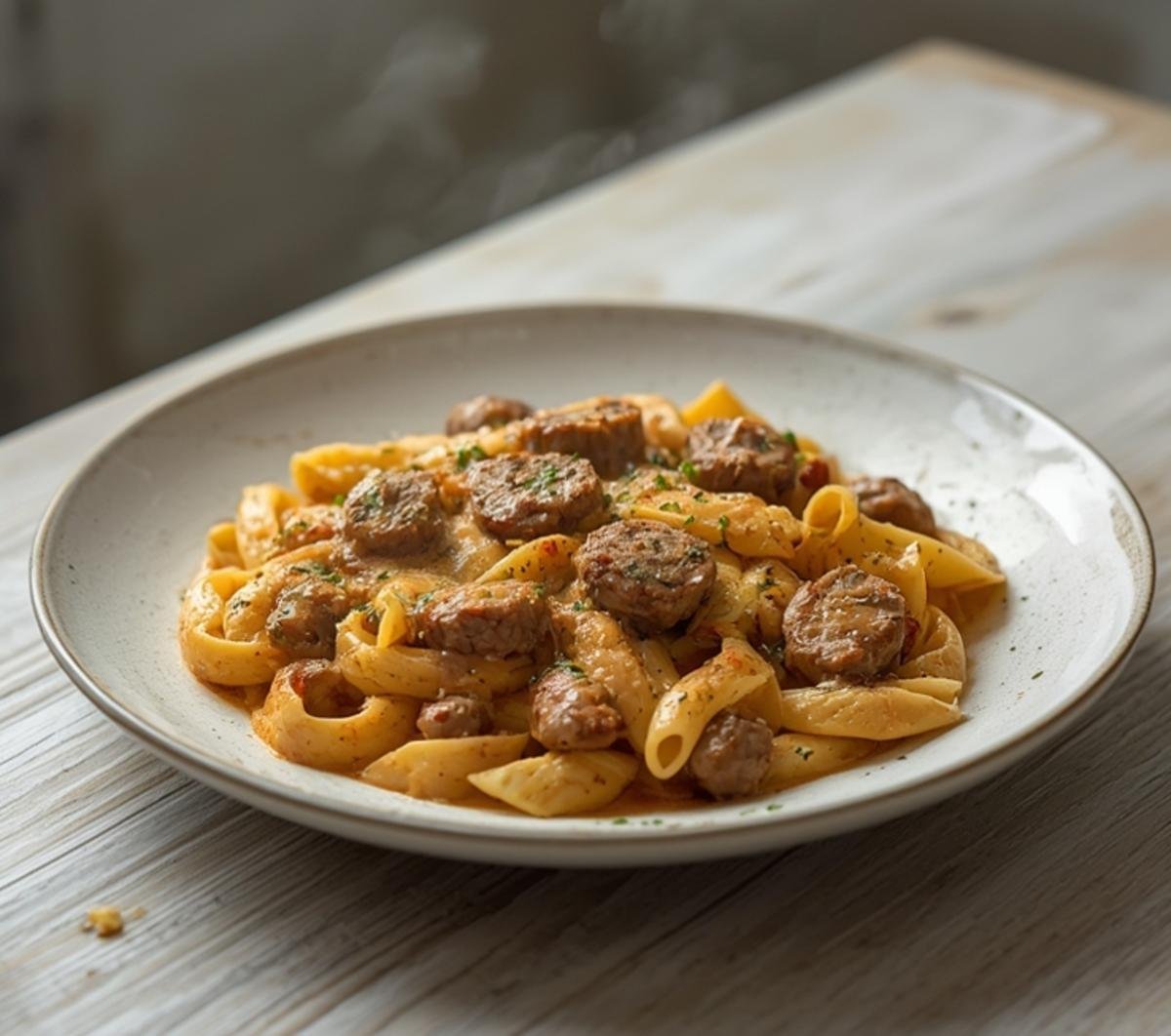 A bowl of creamy Cajun sausage pasta with smoky sausage and a rich, cheesy sauce.