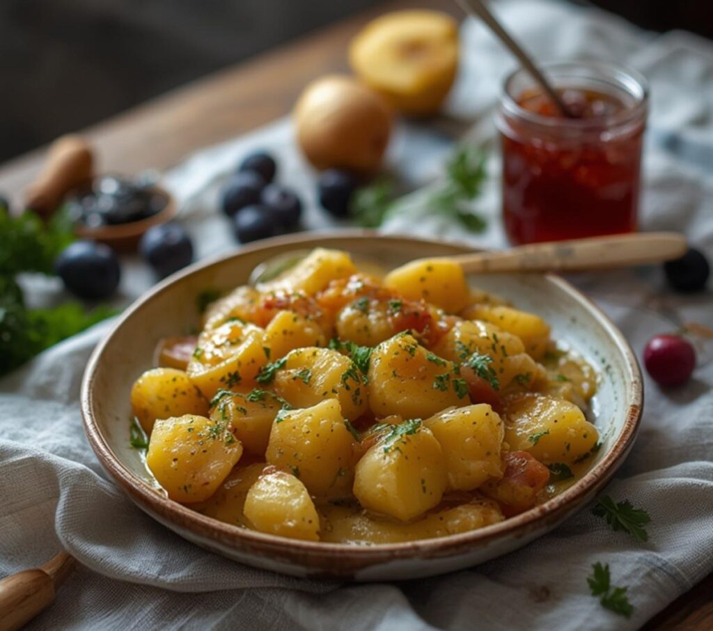 Creamy garlic sauce baby potatoes in a white serving dish, showing tender golden potatoes coated in rich creamy sauce, perfect for side dish.