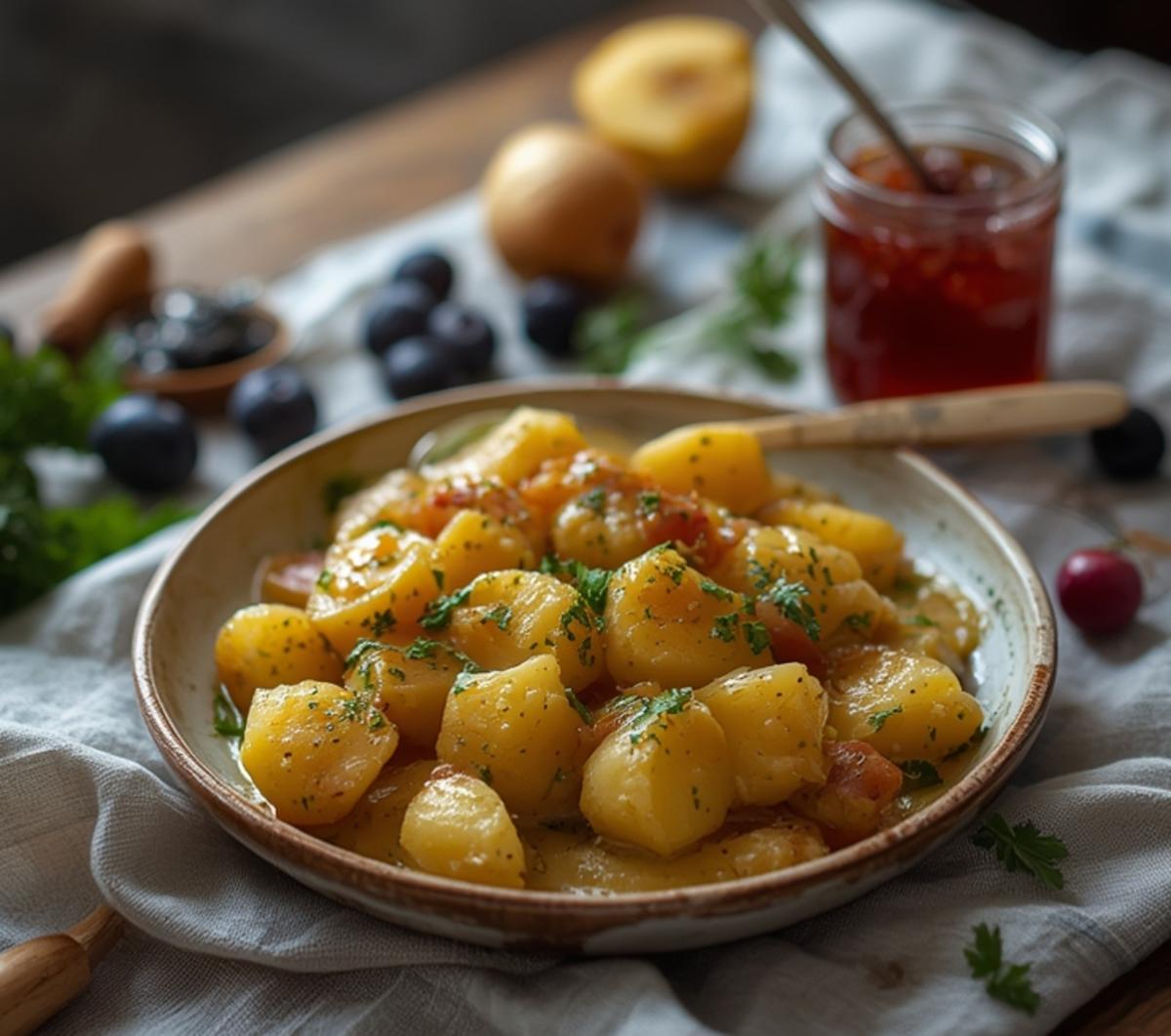 Creamy garlic sauce baby potatoes in a white serving dish, showing tender golden potatoes coated in rich creamy sauce, perfect for side dish.