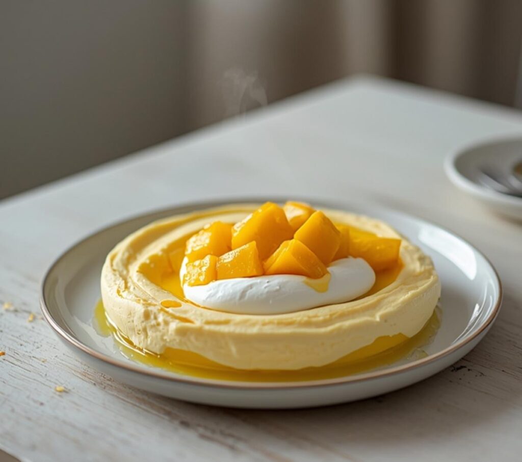A bowl of creamy mango mousse recipe with a smooth, pale yellow texture and a fresh mango slice on top, served on a table.