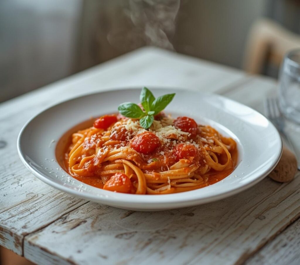 A bowl of creamy tomato pasta with cherry tomatoes, onion, and fresh basil on top.