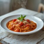 A bowl of creamy tomato pasta with cherry tomatoes, onion, and fresh basil on top.