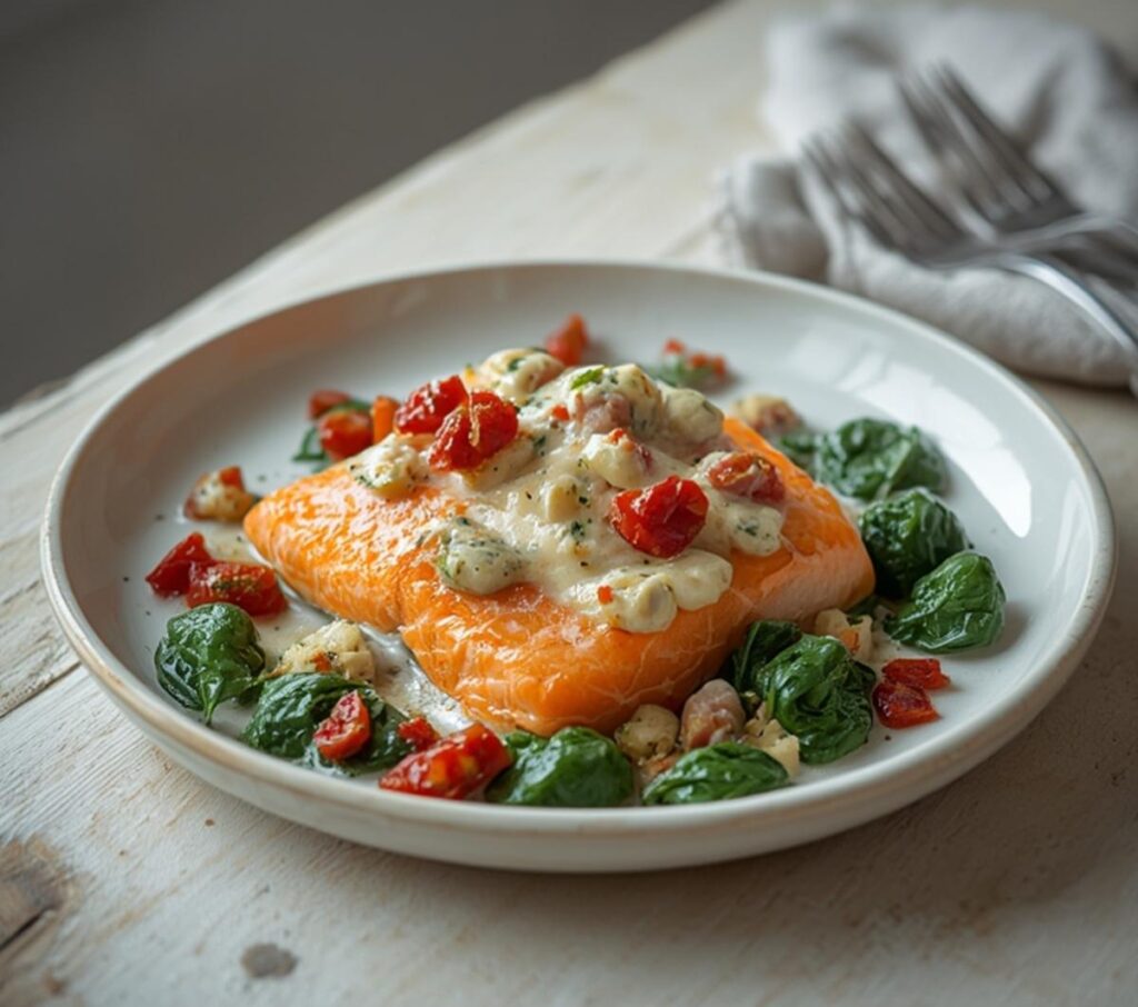 A plate of creamy Tuscan salmon with sun-dried tomatoes and spinach for a romantic Valentines Day meal