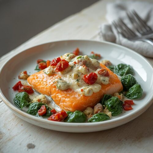 Creamy Tuscan Salmon Recipe for Valentines Day: Easy 30-Min 2 A plate of creamy Tuscan salmon with sun-dried tomatoes and spinach for a romantic Valentines Day meal
