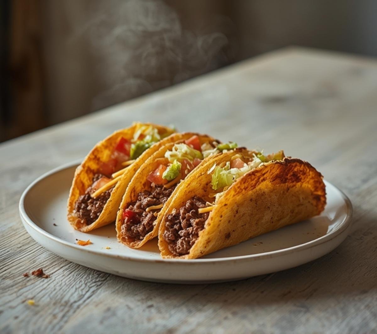 Crispy beef tacos filled with seasoned ground beef and melted cheese on a plate.