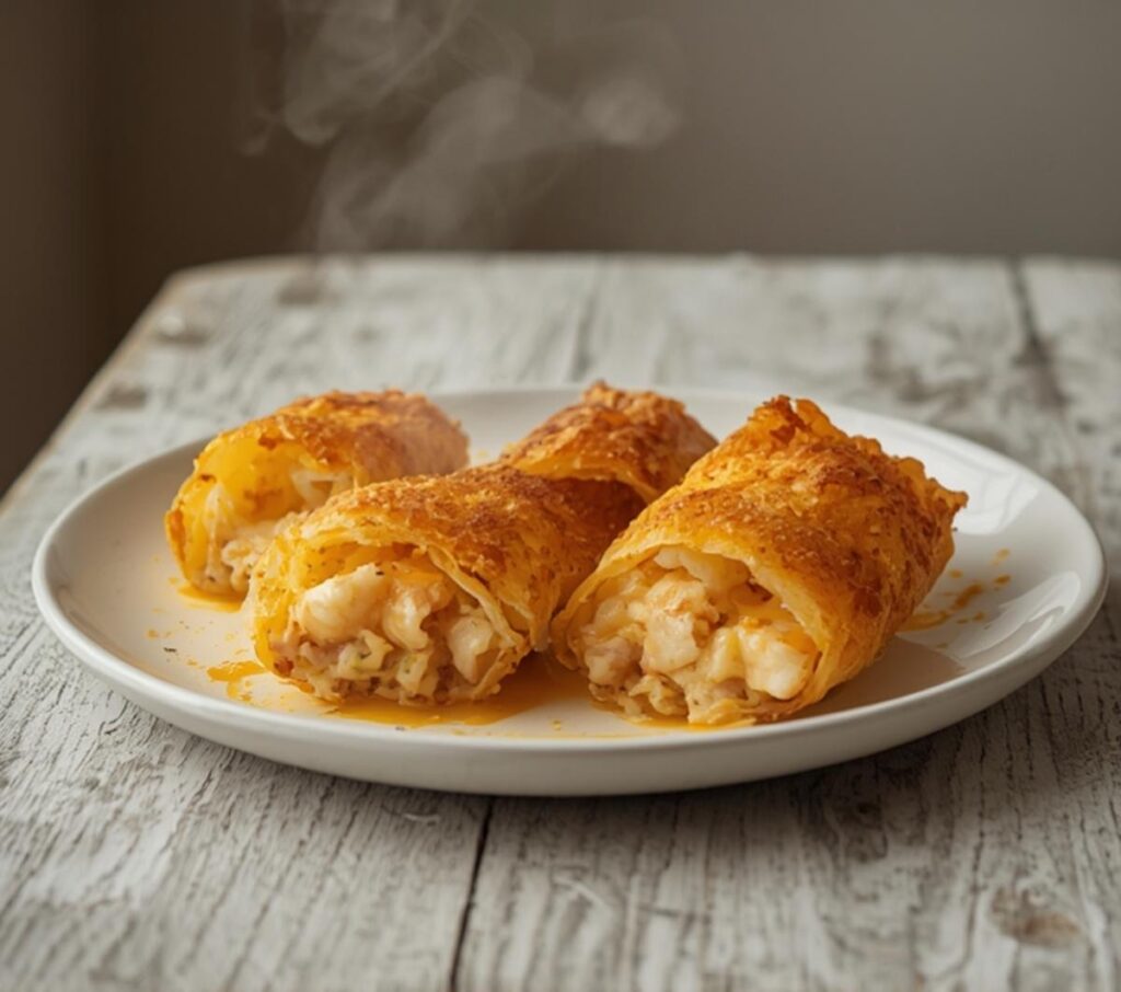 Golden crispy crab and shrimp queso taquitos on a platter, ready for a party.