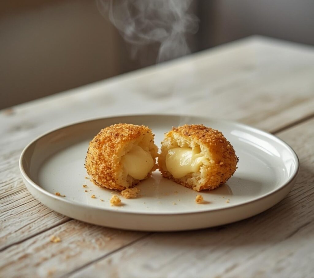 Golden crispy potato cheese balls on a serving platter, perfect party snack with melty cheese filling.