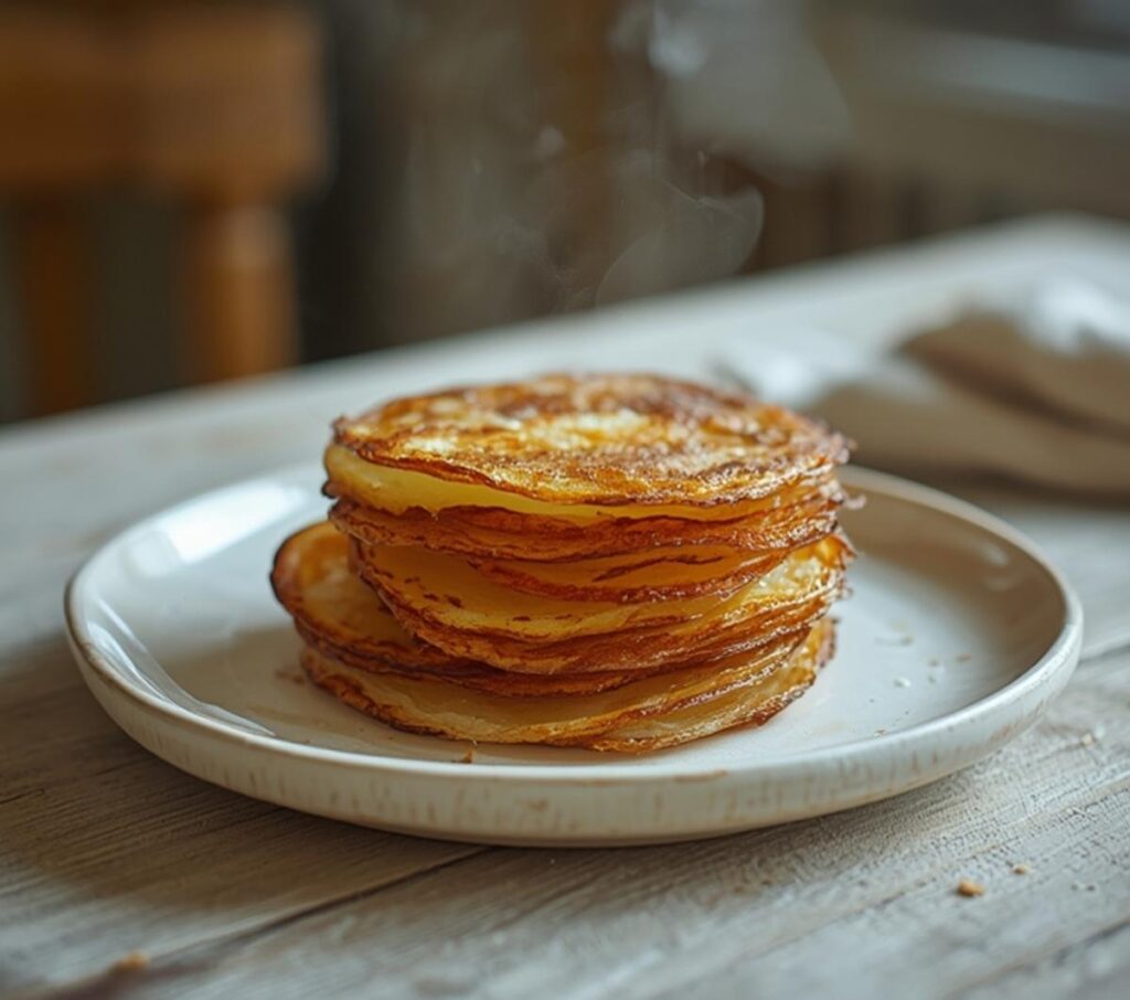 Golden crispy potato stacks with buttery layers on a plate, a perfect savory side dish