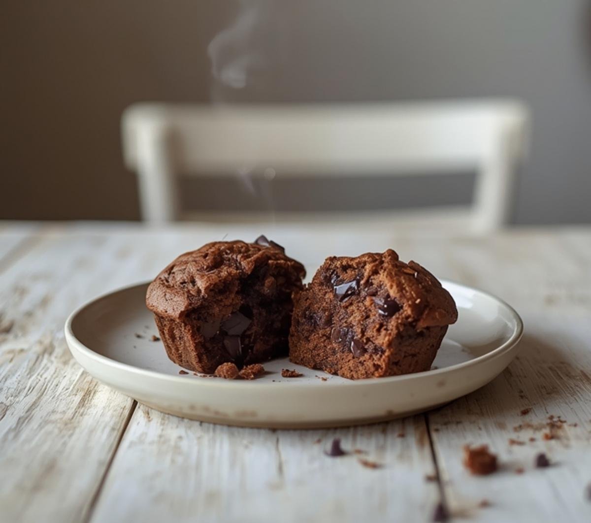 Freshly baked double chocolate chip muffins with melted chocolate chunks on a plate.
