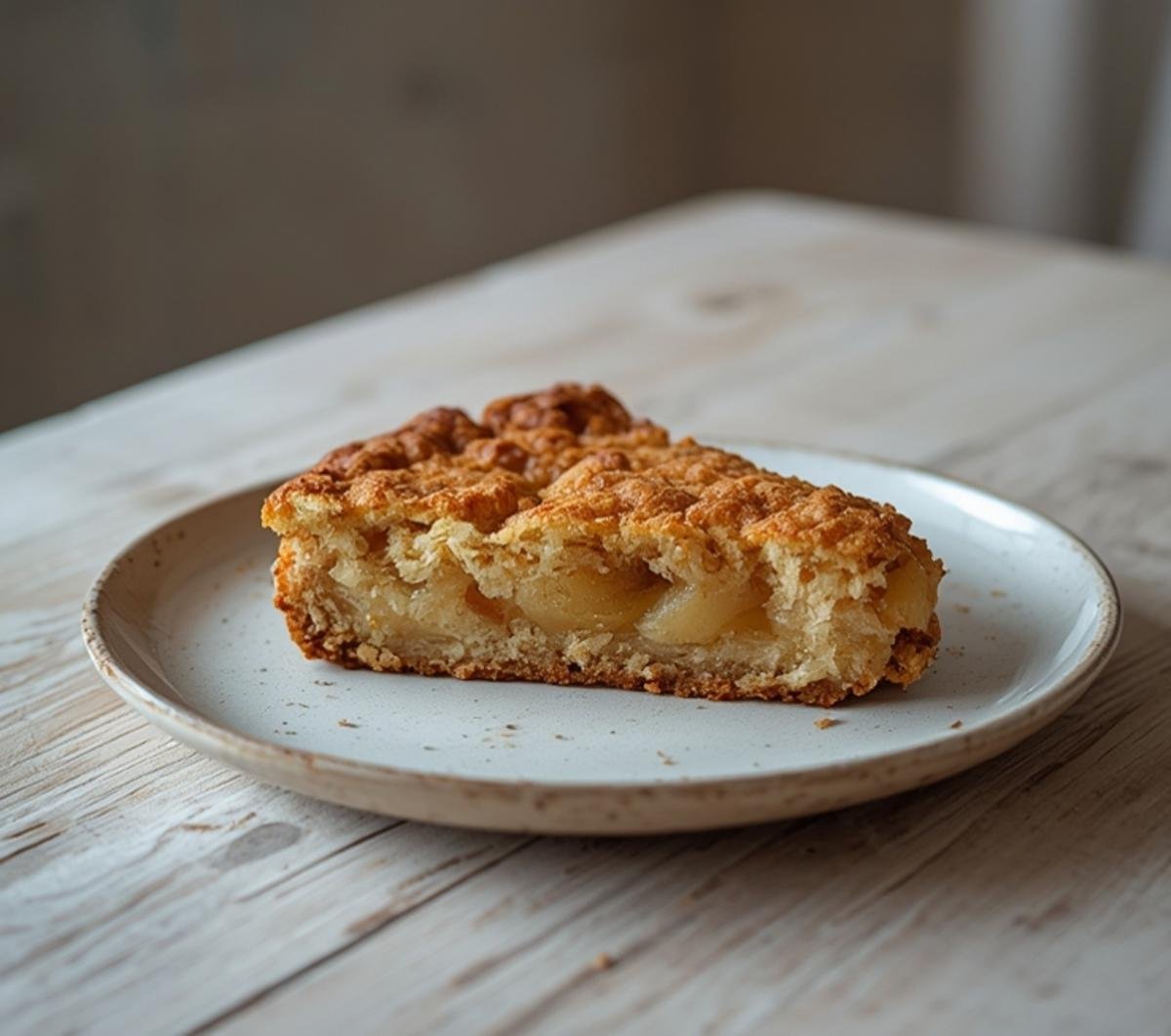 A freshly baked easy apple cake with a golden crust, sliced and ready to serve, showing visible apple pieces and a tender crumb.