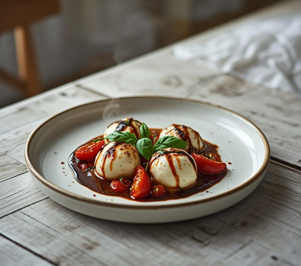 A festive platter of cherry tomato mozzarella appetizers with basil for a Christmas party.