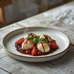 A festive platter of cherry tomato mozzarella appetizers with basil for a Christmas party.