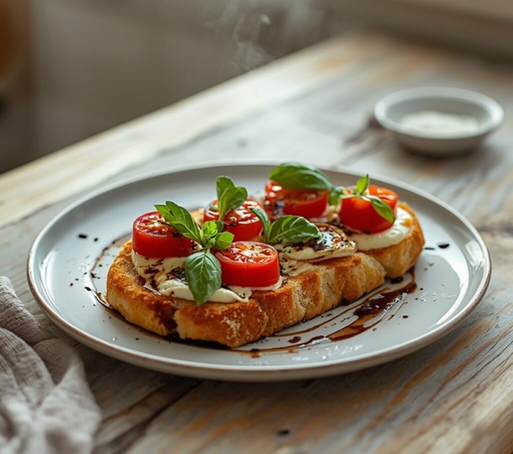 Crispy toasted bread topped with fresh tomatoes, creamy mozzarella, and basil, drizzled with balsamic glaze.