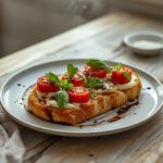 Crispy toasted bread topped with fresh tomatoes, creamy mozzarella, and basil, drizzled with balsamic glaze.