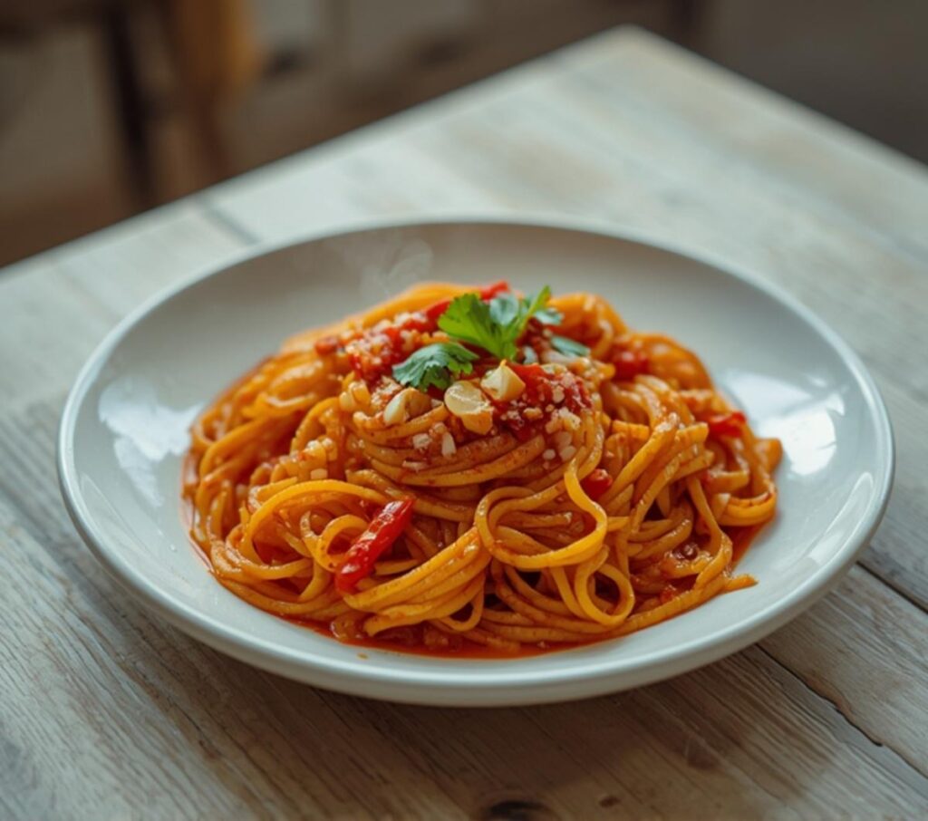A bowl of easy potato noodles coated in a glossy, red chili oil sauce with garlic and cilantro garnish.