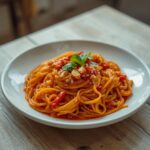 A bowl of easy potato noodles coated in a glossy, red chili oil sauce with garlic and cilantro garnish.