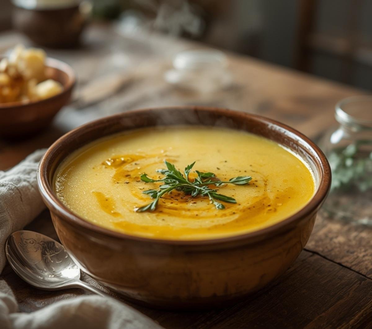 A creamy bowl of easy roasted garlic soup served on a table, garnished with fresh herbs.
