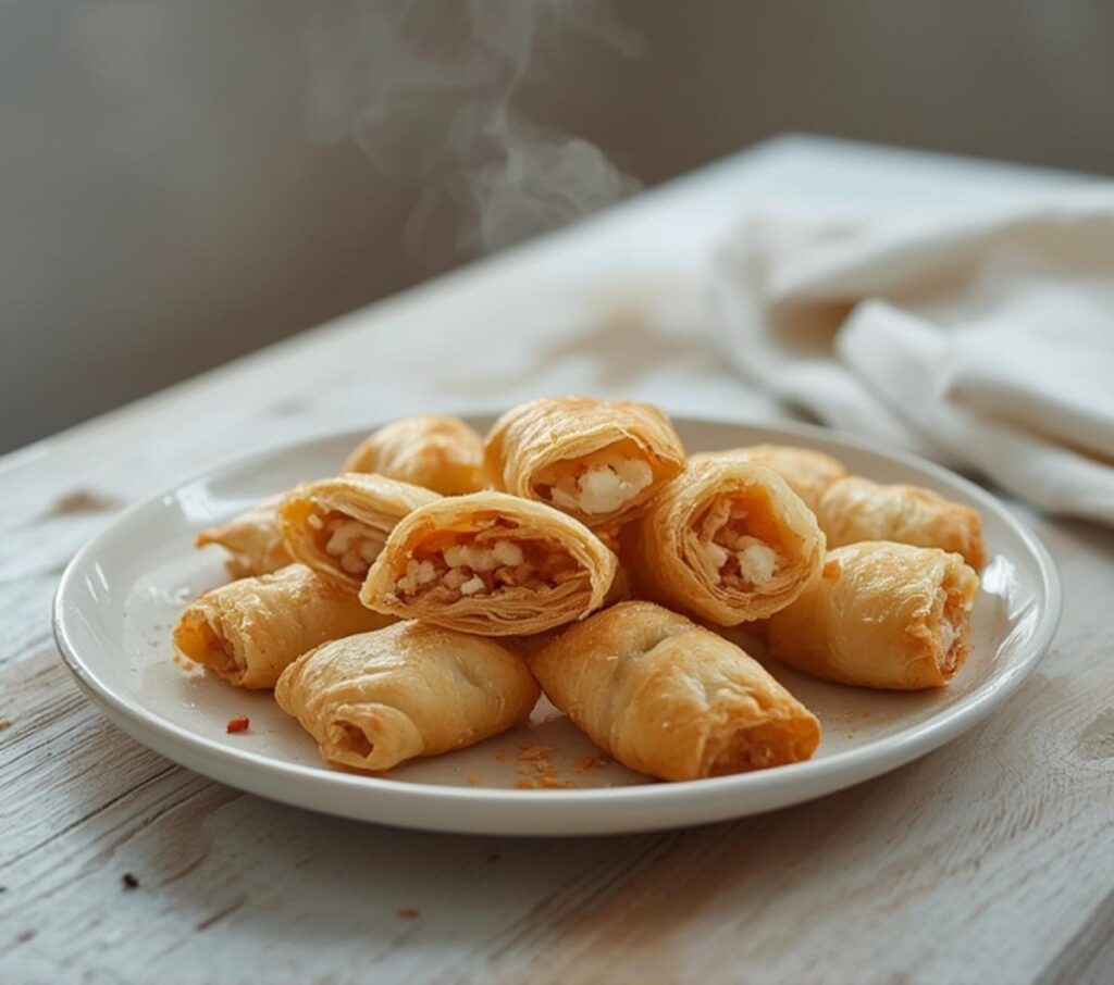 A plate of golden, crispy Feta Chilli Fillo bites ready to serve as a party appetizer.