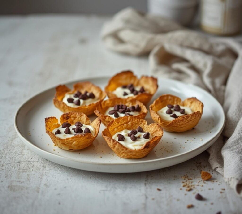 Florentine cannoli dessert on a table with crispy lace cookie shells and ricotta chocolate chip filling.