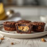Four ingredient peanut butter banana cookie dough fudge cups served on a table, showing the fudge texture and banana pieces.