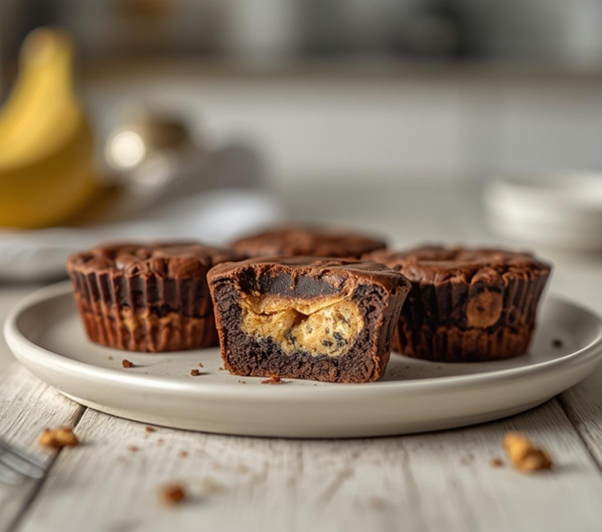 Four ingredient peanut butter banana cookie dough fudge cups served on a table, showing the fudge texture and banana pieces.