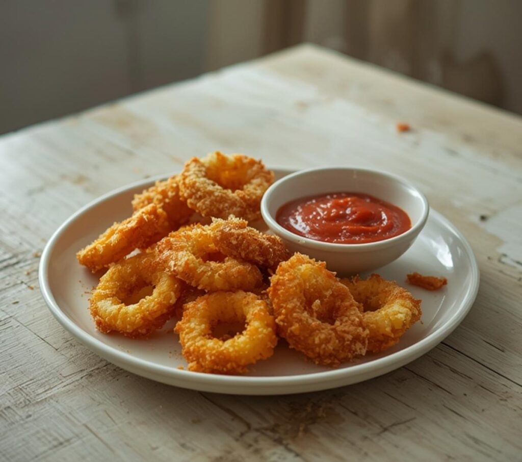 Golden crispy fried calamari rings served on a plate with marinara sauce, ready to eat.