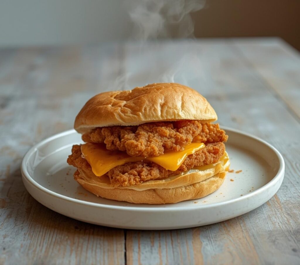 Golden fried chicken buns with melted cheese on a plate, ready to eat.