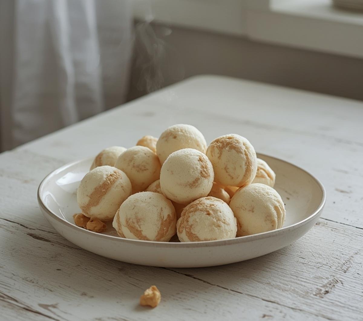 A plate of frozen Greek yogurt peanut butter bites, showing their creamy texture and round shape, perfect for a healthy snack.