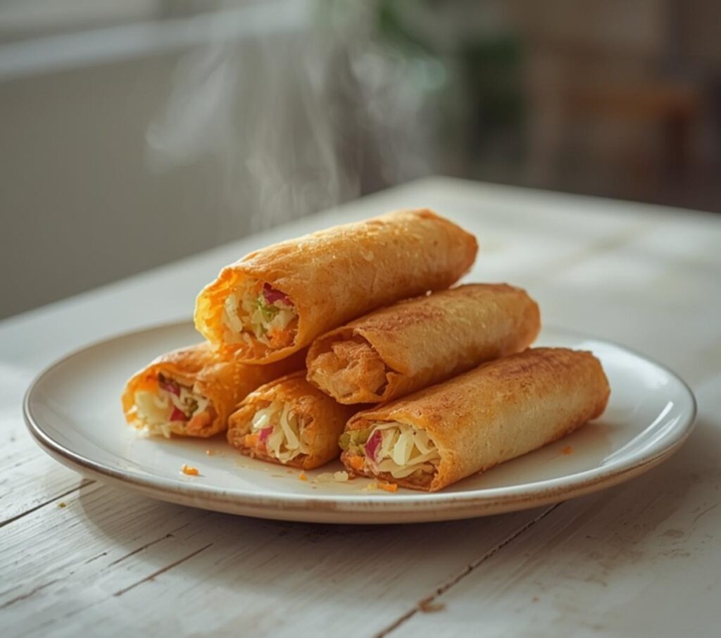 A plate of golden brown egg rolls with a crispy texture, perfect for family dinners or party appetizers.