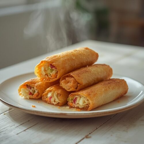 A plate of golden brown egg rolls with a crispy texture, perfect for family dinners or party appetizers.