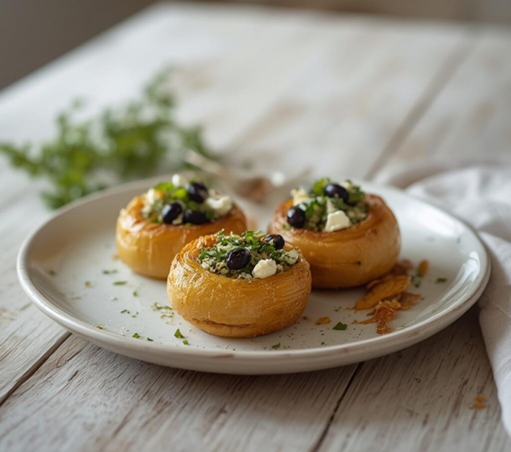 Greek stuffed onions recipe served on a table, showing baked onions filled with herbs, feta, and olives.