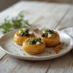 Greek stuffed onions recipe served on a table, showing baked onions filled with herbs, feta, and olives.