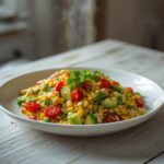 A vibrant grilled corn salad with grilled corn, avocado, cherry tomatoes, and cilantro served in a bowl on a table.