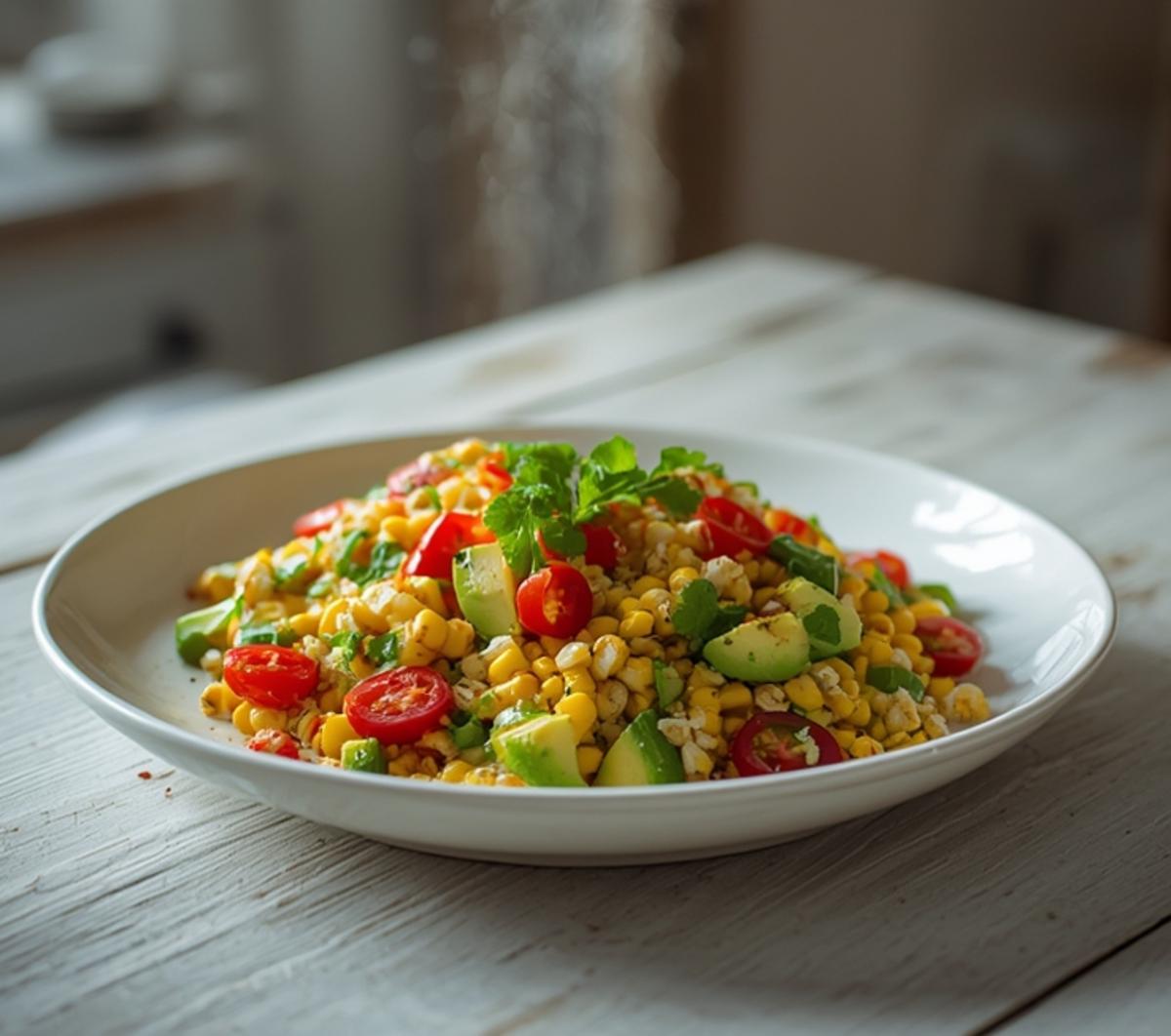 A vibrant grilled corn salad with grilled corn, avocado, cherry tomatoes, and cilantro served in a bowl on a table.