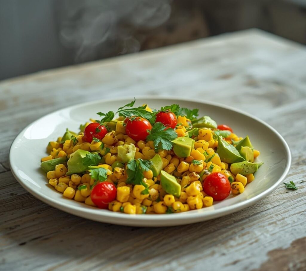 Colorful grilled corn salad with creamy avocado, cherry tomatoes, and cilantro on a table.