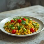 Colorful grilled corn salad with creamy avocado, cherry tomatoes, and cilantro on a table.