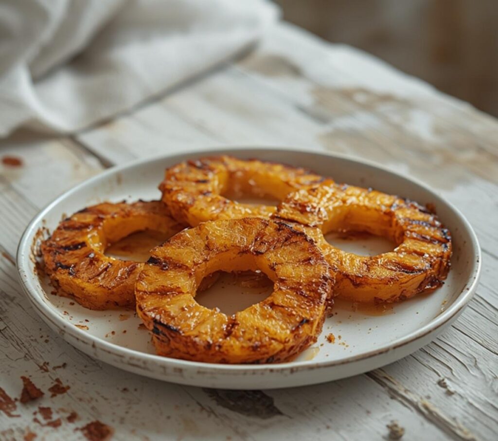 A plated grilled pineapple with caramelized brown sugar, topped with a scoop of vanilla ice cream on a table.