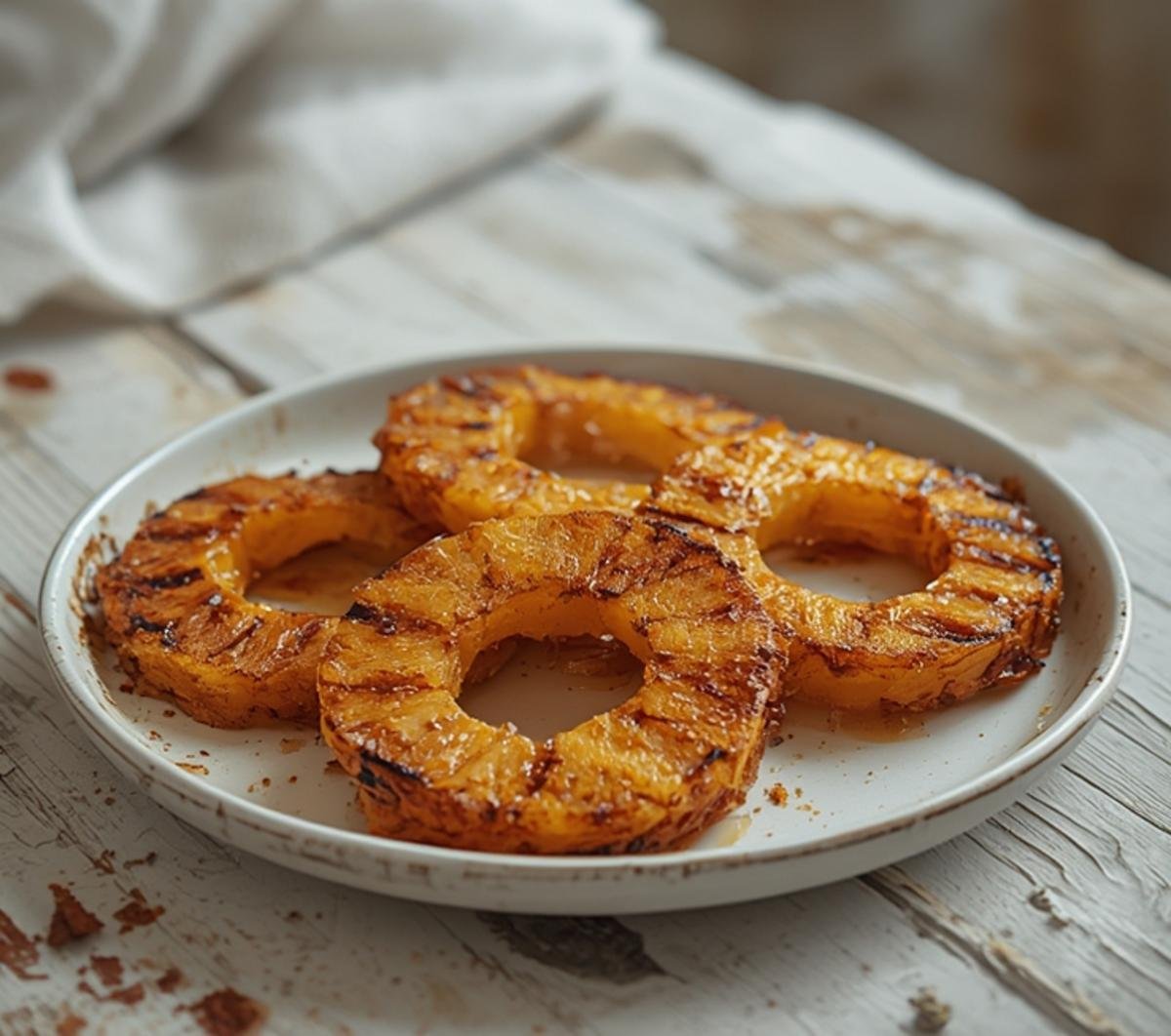 A plated grilled pineapple with caramelized brown sugar, topped with a scoop of vanilla ice cream on a table.