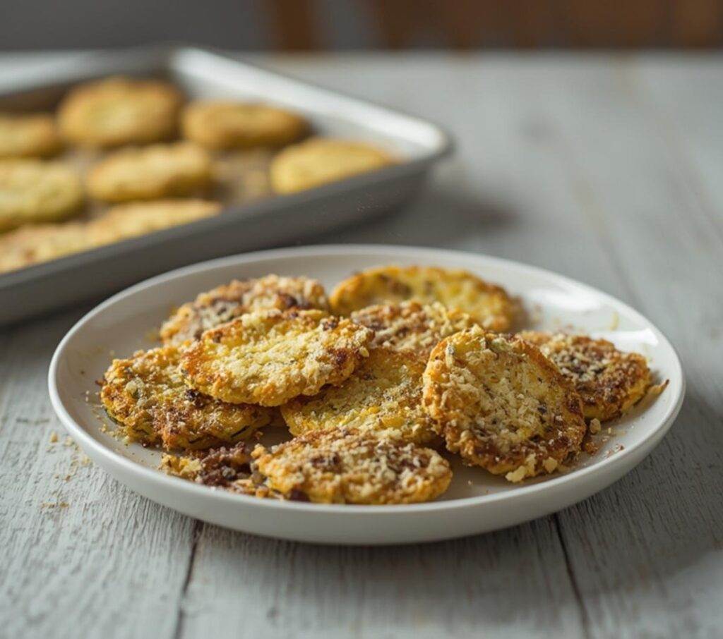 A plate of golden, crunchy oven-baked zucchini chips garnished with parmesan and garlic, ready to serve.