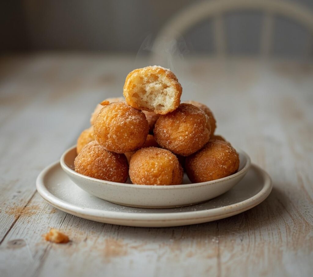 Golden brown healthy air fryer churro bites sprinkled with cinnamon sugar on a plate.