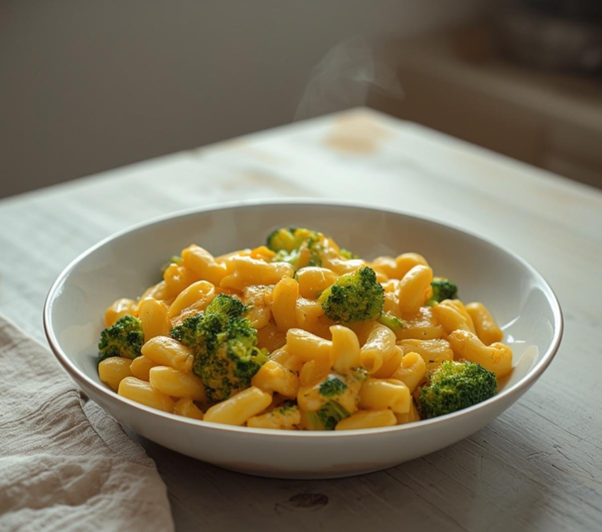 A creamy bowl of healthy one pot broccoli mac and cheese, showing tender pasta and green broccoli florets in a rich cheese sauce.