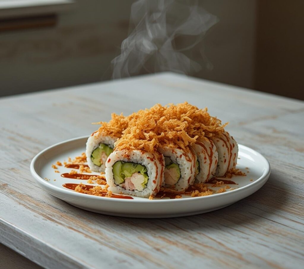 A plated homemade california crunch roll sushi with crispy panko topping, creamy avocado, and imitation crab on a table.
