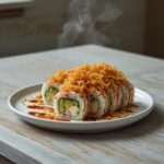 A plated homemade california crunch roll sushi with crispy panko topping, creamy avocado, and imitation crab on a table.