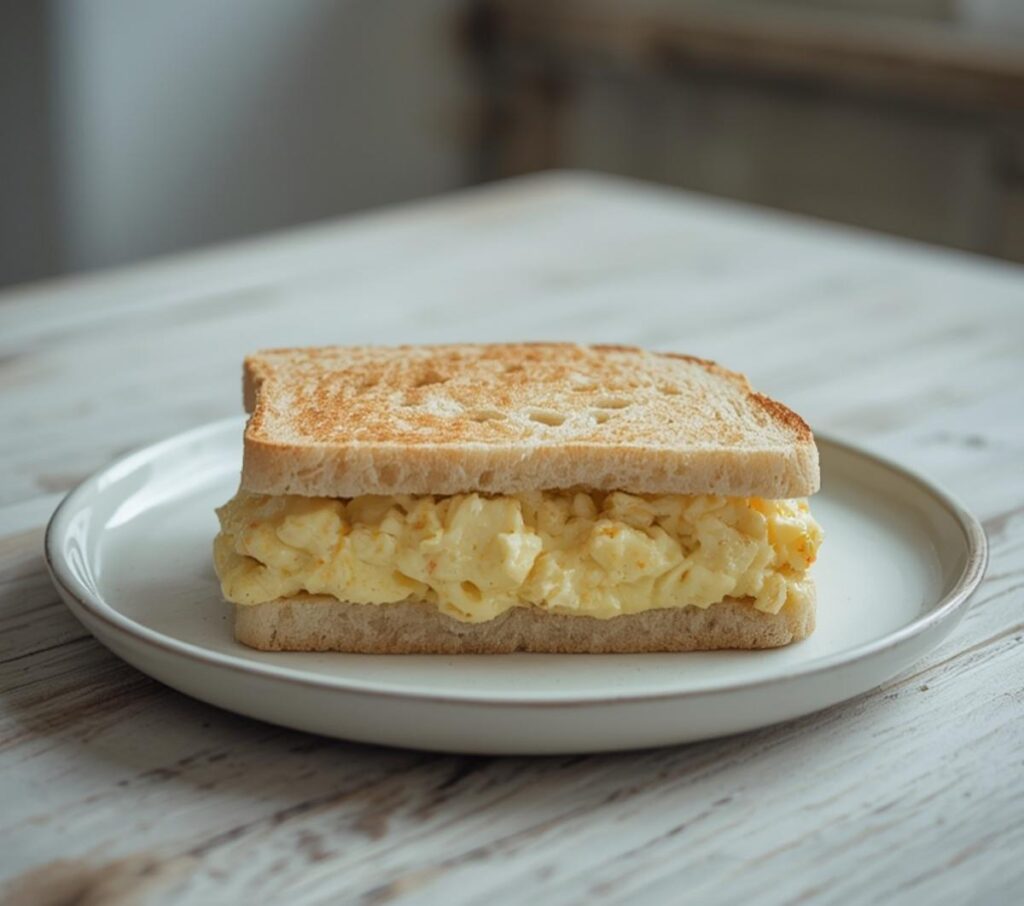 A complete Japanese egg sandwich served on a plate with fluffy milk bread and creamy egg salad visible.