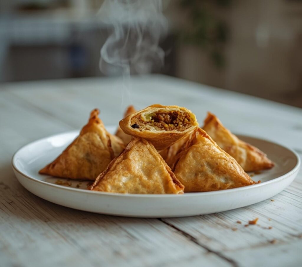 A plate of golden brown keema samosas with a spicy meat filling, served with mint chutney.
