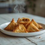 A plate of golden brown keema samosas with a spicy meat filling, served with mint chutney.